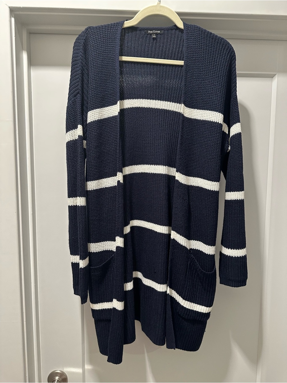 Pink Clover Women's Navy and White Striped Open Cardigan